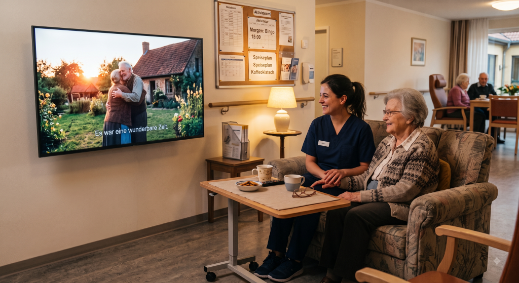 Betreuungskraft begleitet eine Seniorin beim demenzfreundlichen Fernsehen